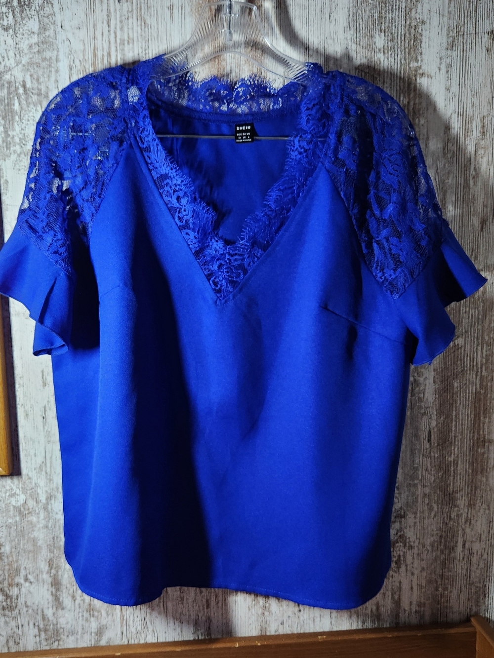 SHEIN Royal Blue Lace V-Neck Ruffle Flutter Sleeve Blouse Size M